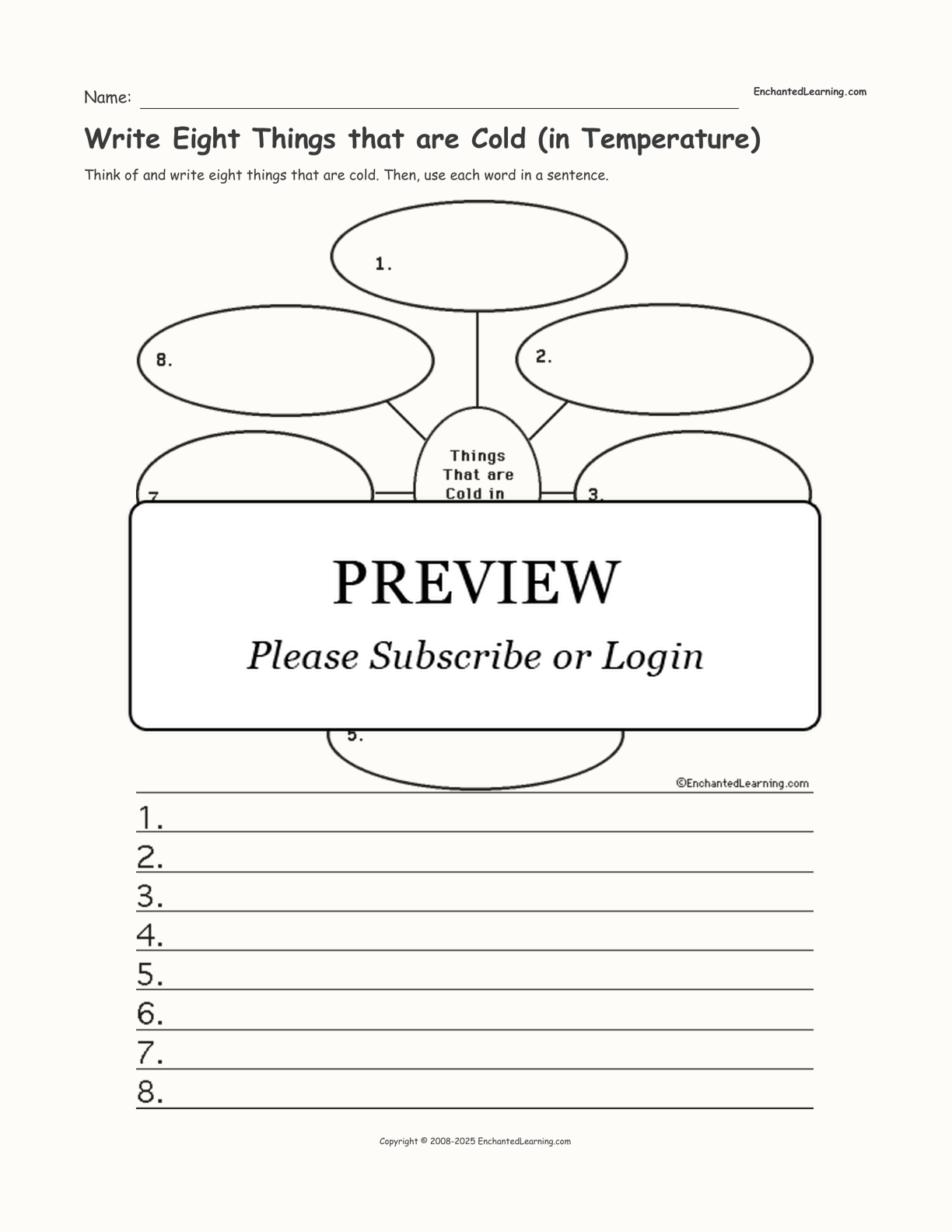 Write Eight Things that are Cold (in Temperature) interactive worksheet page 1