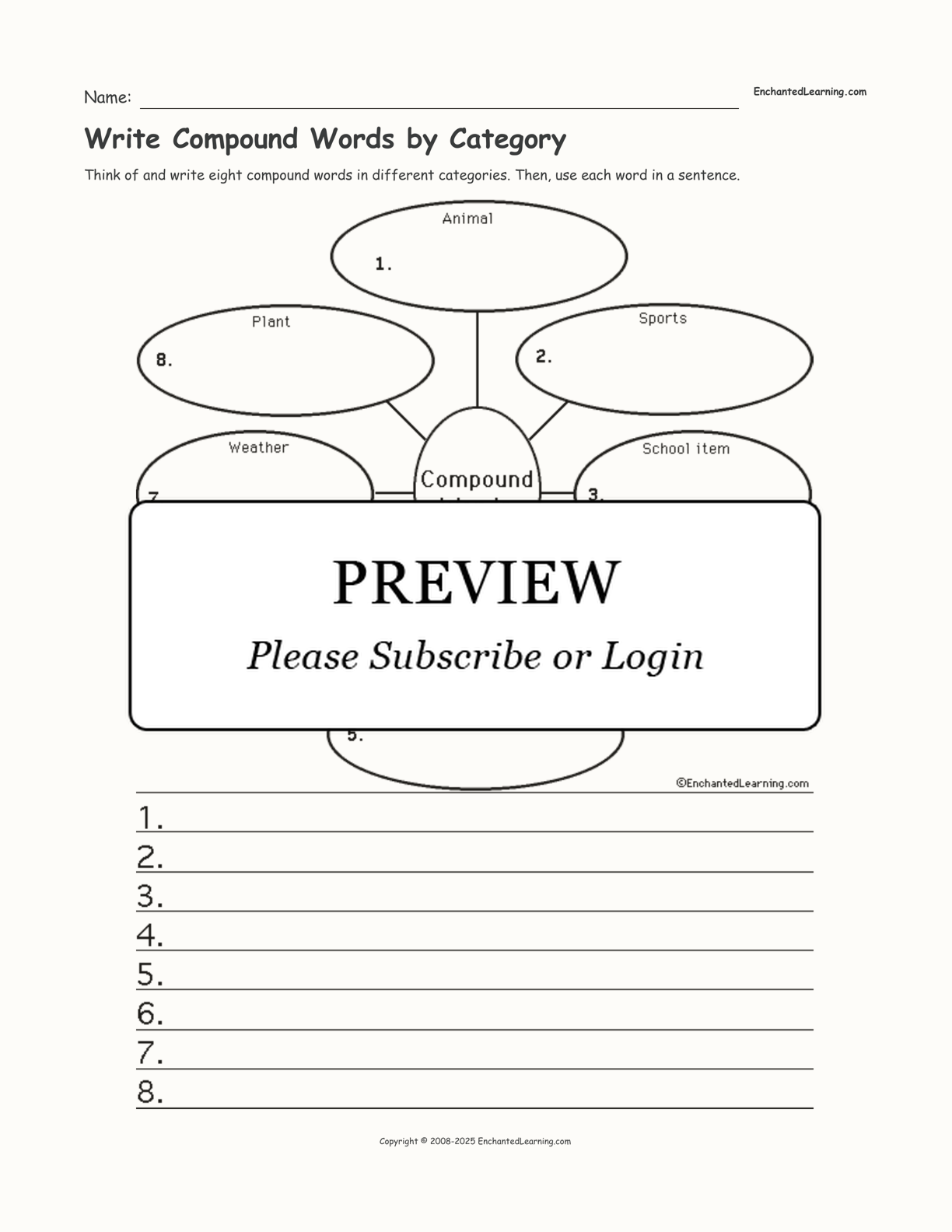 Write Compound Words by Category interactive worksheet page 1