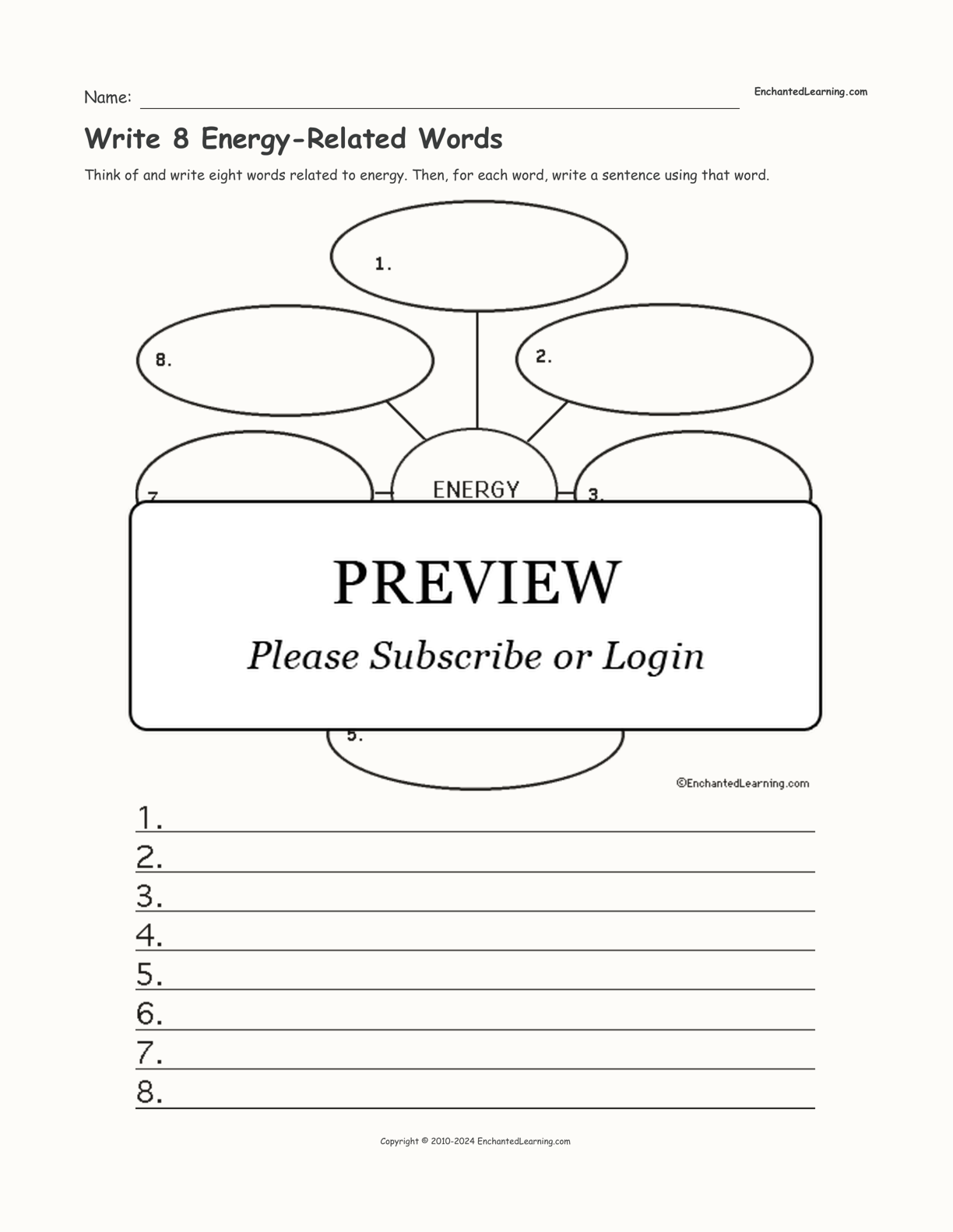 Write 8 Energy-Related Words interactive worksheet page 1