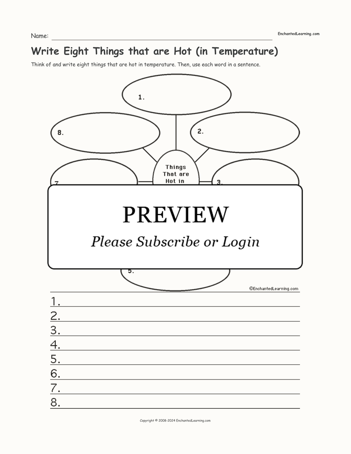 Write Eight Things that are Hot (in Temperature) interactive worksheet page 1