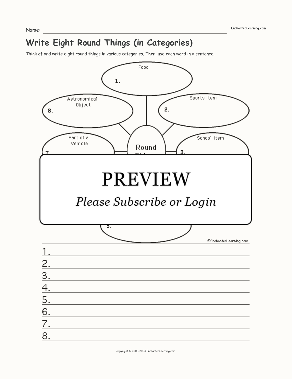 Write Eight Round Things (in Categories) interactive worksheet page 1