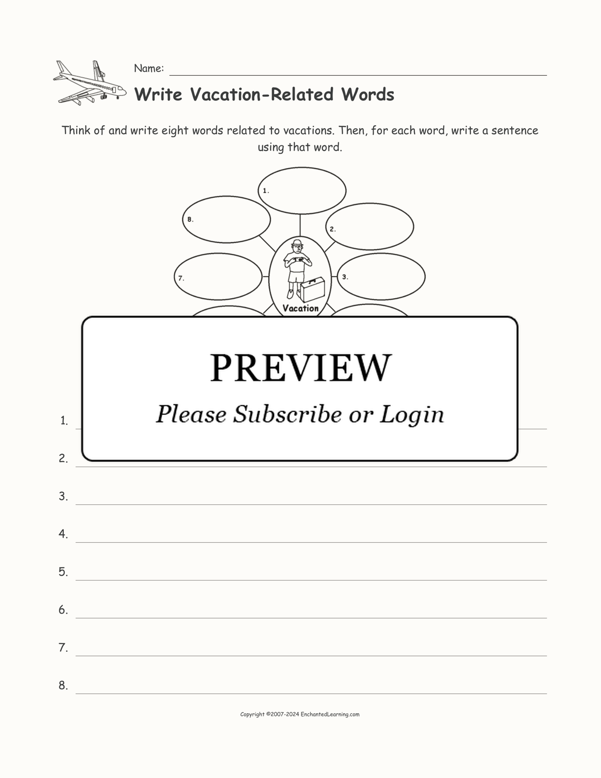 Write Vacation-Related Words interactive worksheet page 1