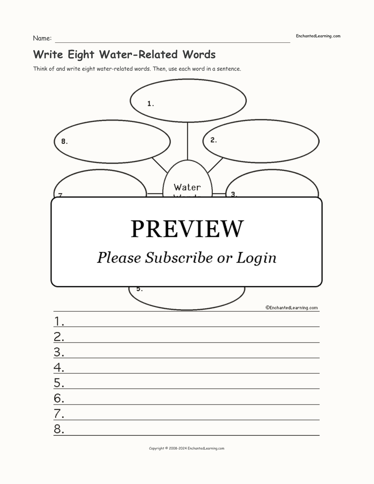 Write Eight Water-Related Words interactive worksheet page 1