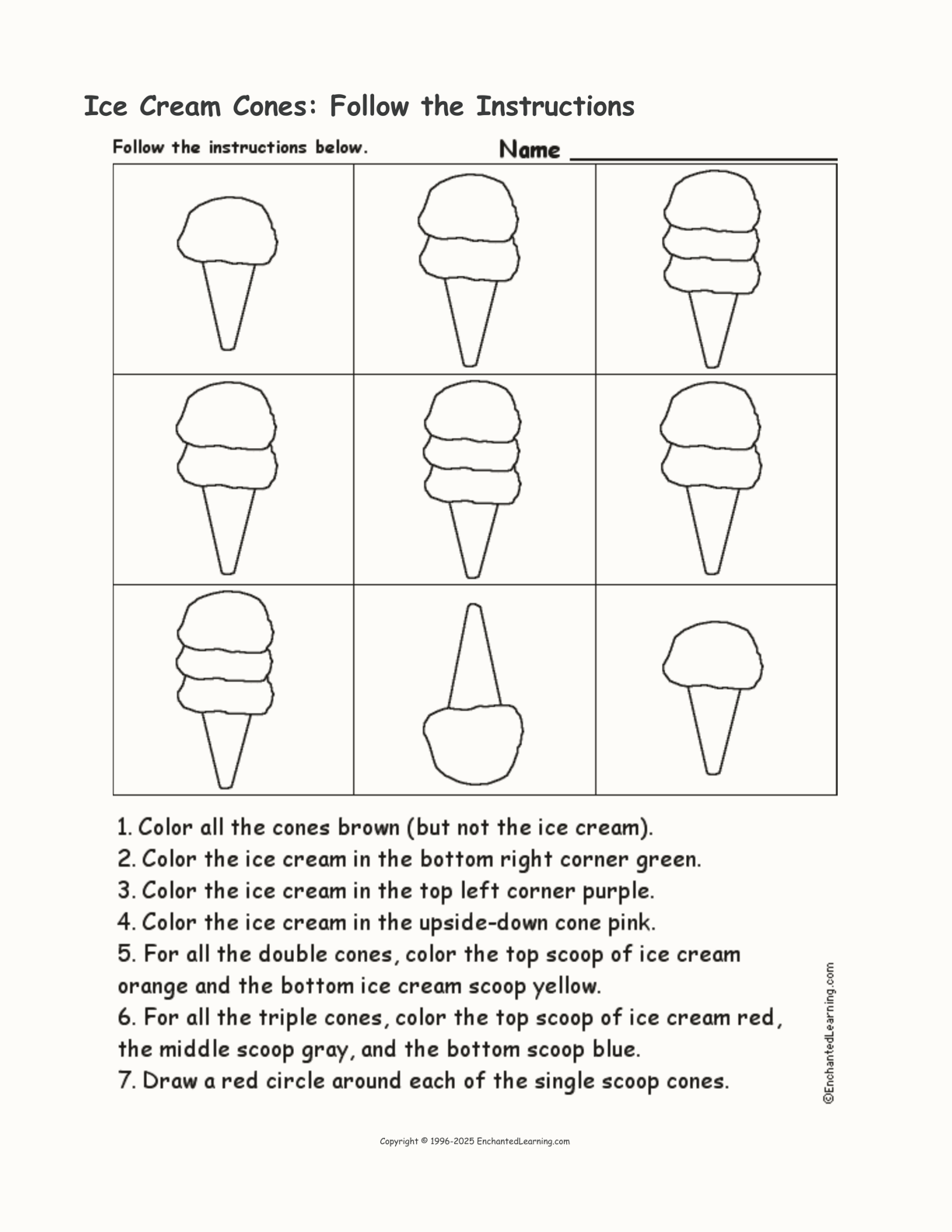 Ice Cream Cones: Follow the Instructions interactive worksheet page 1