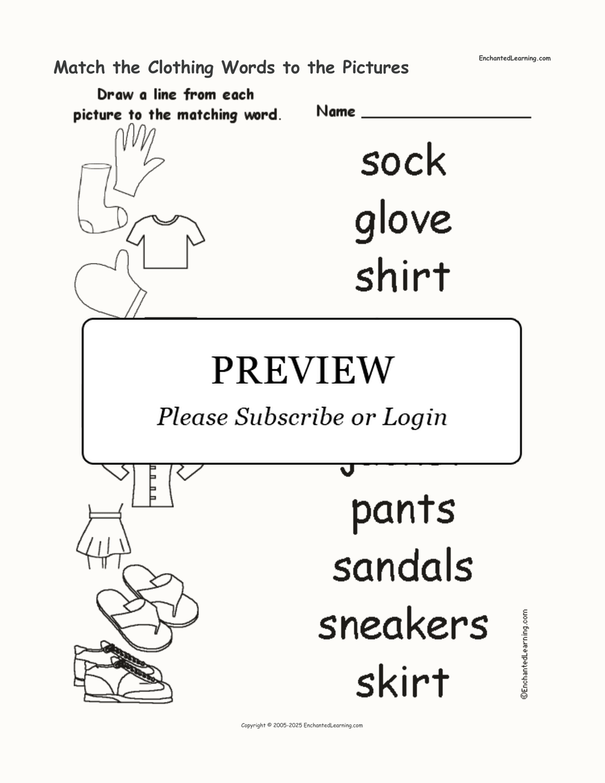 Match the Clothing Words to the Pictures interactive worksheet page 1