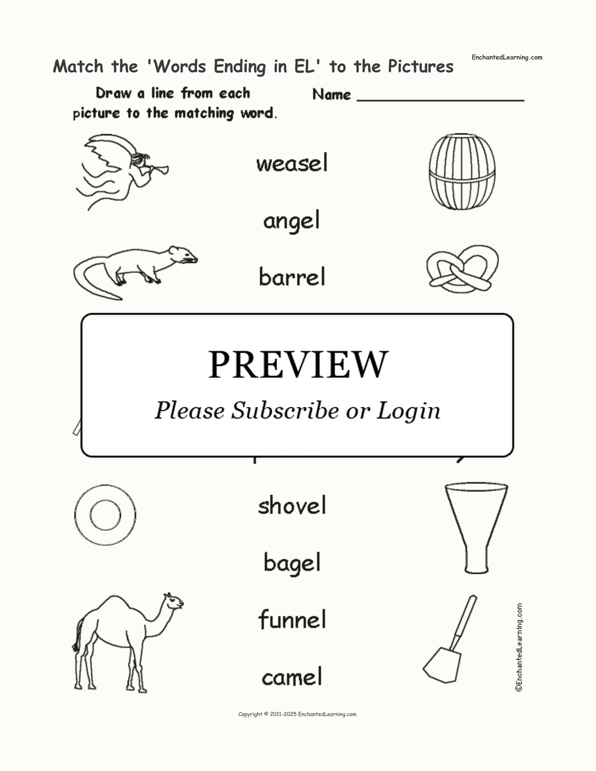 Match the 'Words Ending in EL' to the Pictures interactive worksheet page 1