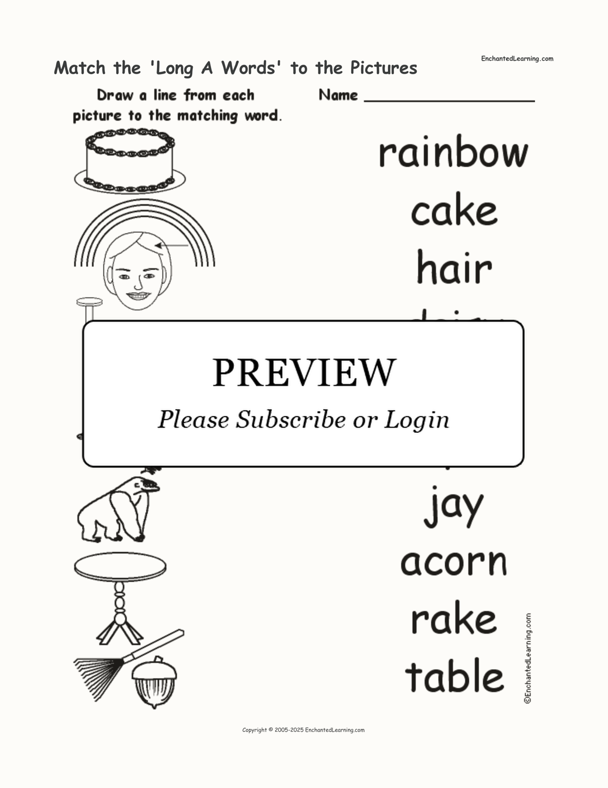 Match the 'Long A Words' to the Pictures interactive worksheet page 1