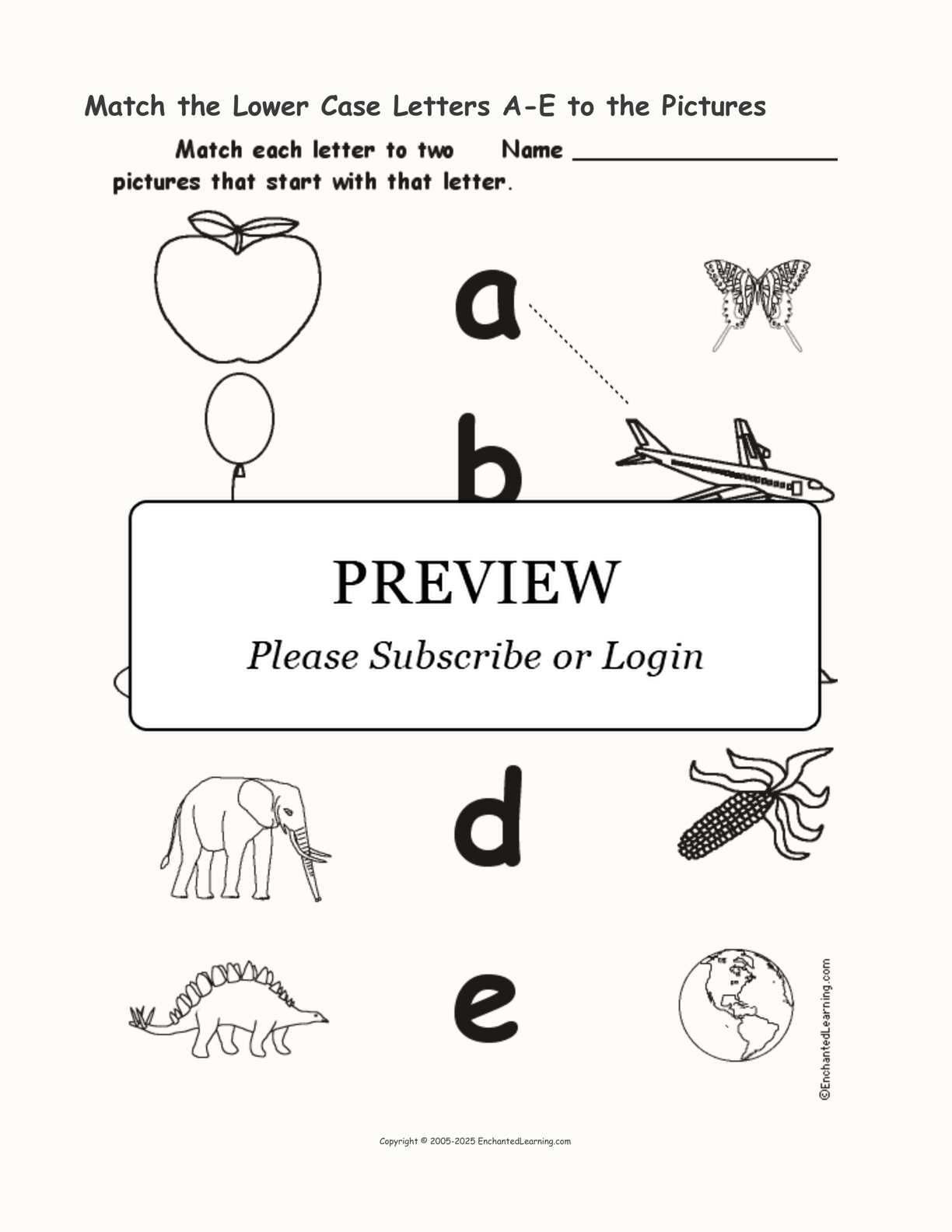 Match the Lower Case Letters A-E to the Pictures interactive worksheet page 1