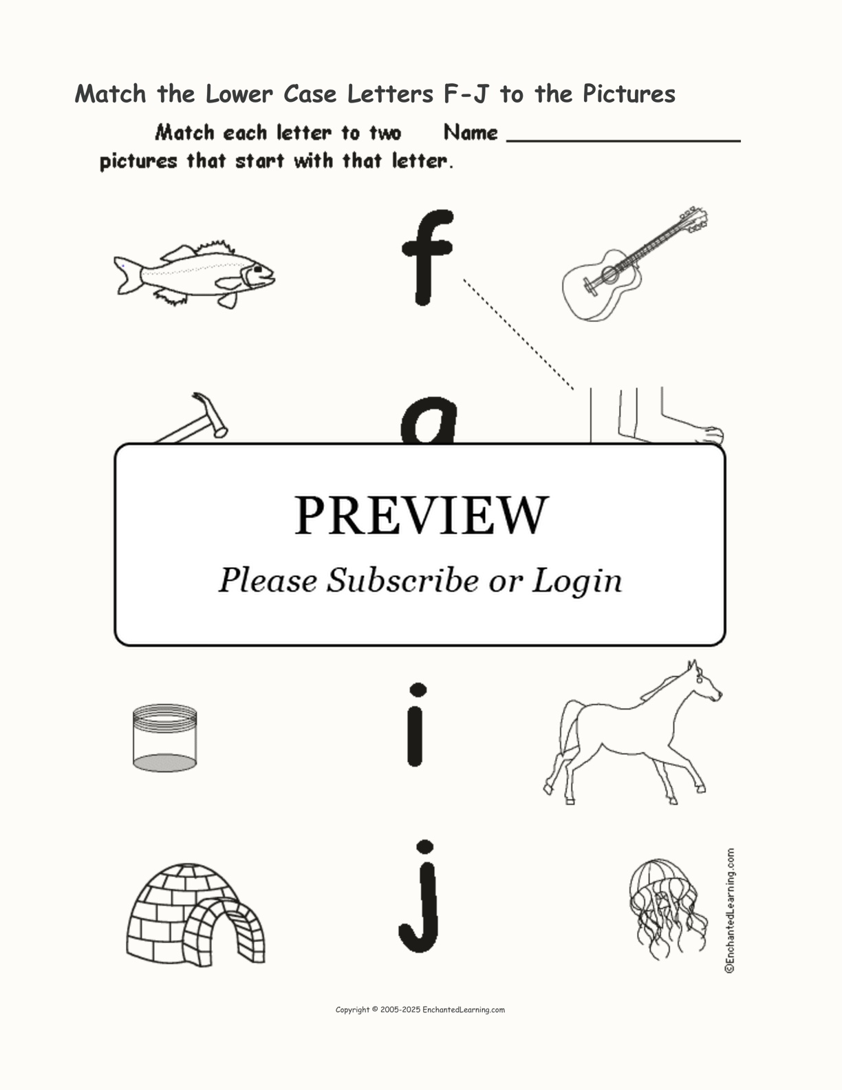 Match the Lower Case Letters F-J to the Pictures interactive worksheet page 1