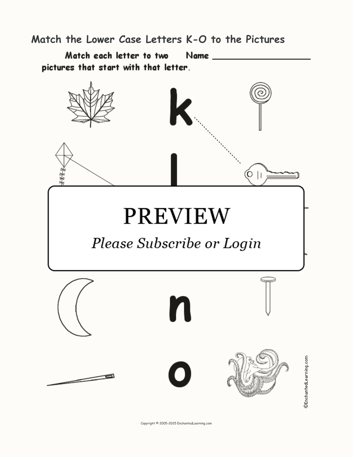 Match the Lower Case Letters K-O to the Pictures interactive worksheet page 1