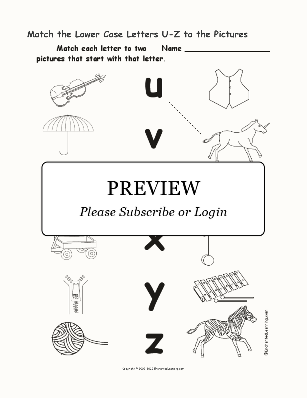 Match the Lower Case Letters U-Z to the Pictures interactive worksheet page 1