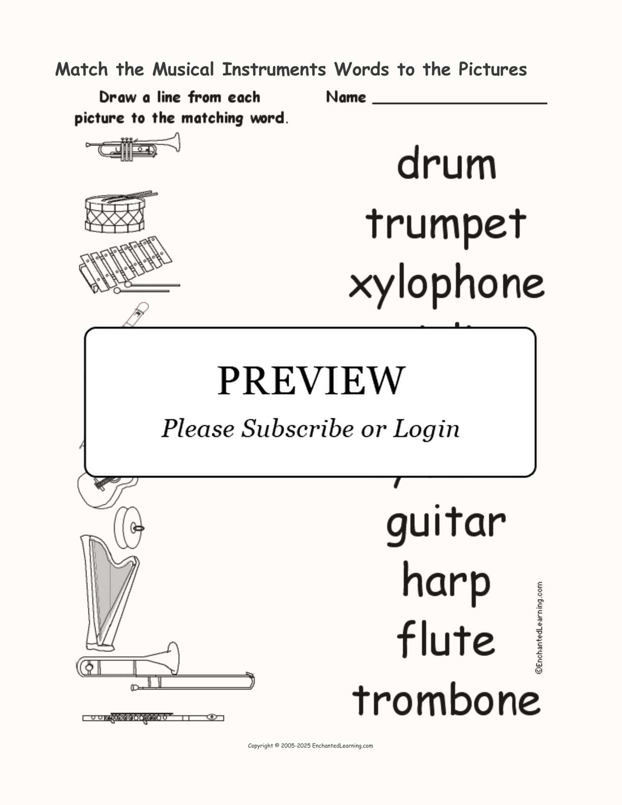 Match the Musical Instruments Words to the Pictures interactive worksheet page 1