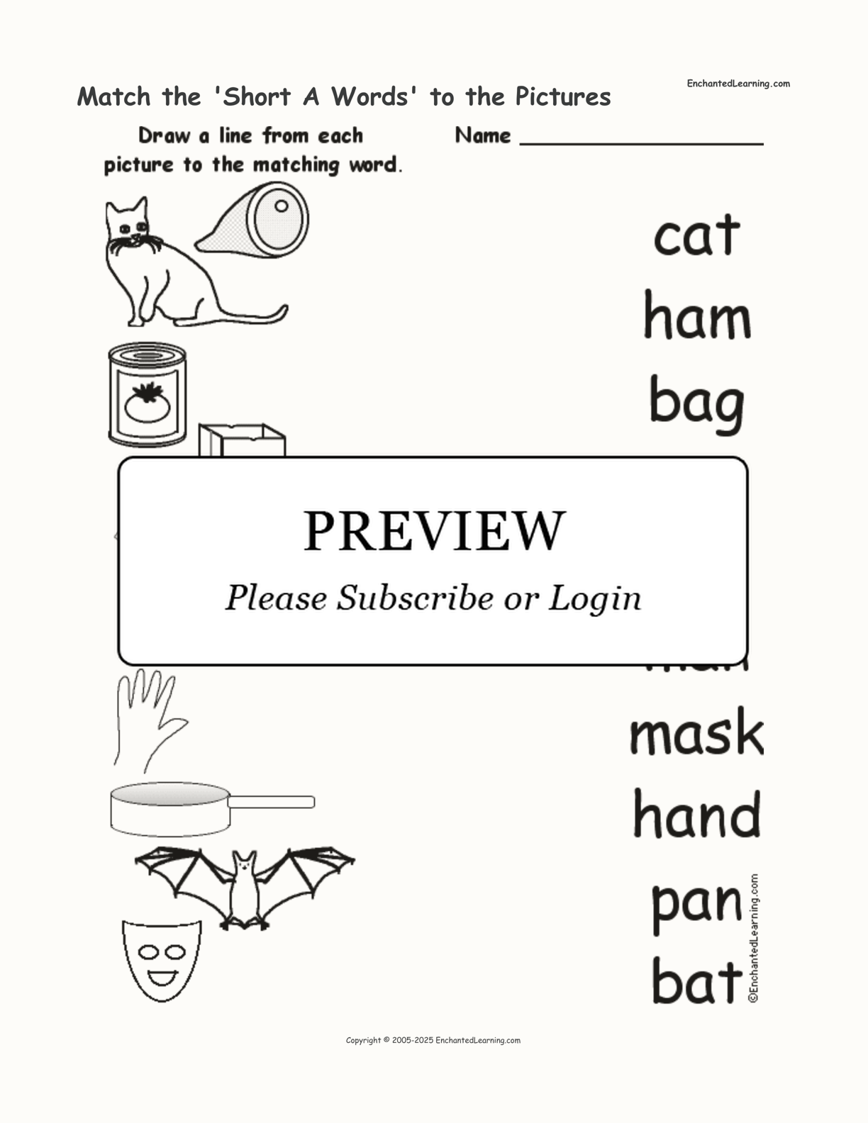 Match the 'Short A Words' to the Pictures interactive worksheet page 1