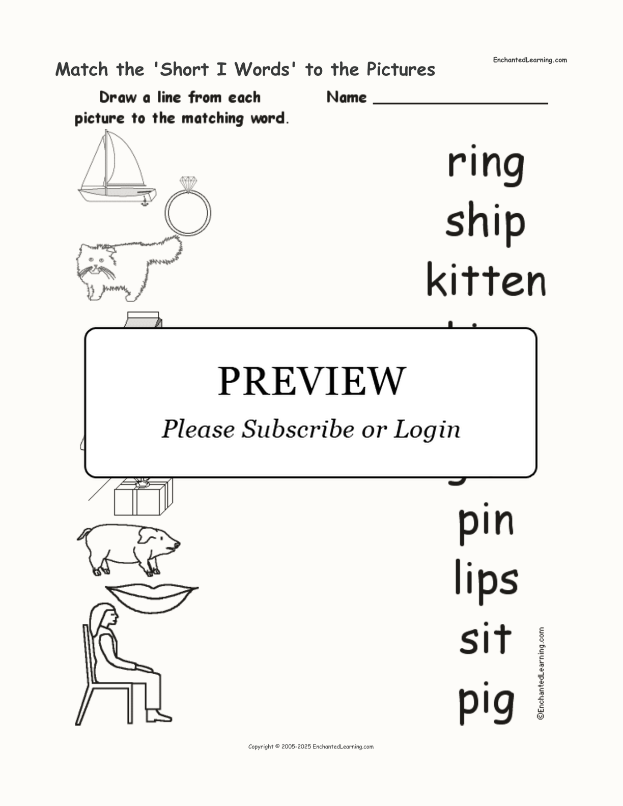 Match the 'Short I Words' to the Pictures interactive worksheet page 1