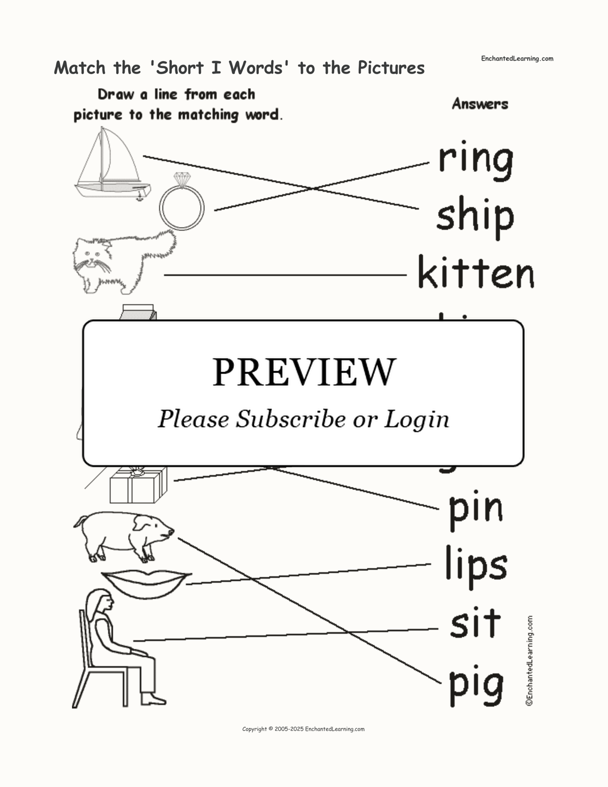 Match the 'Short I Words' to the Pictures interactive worksheet page 2