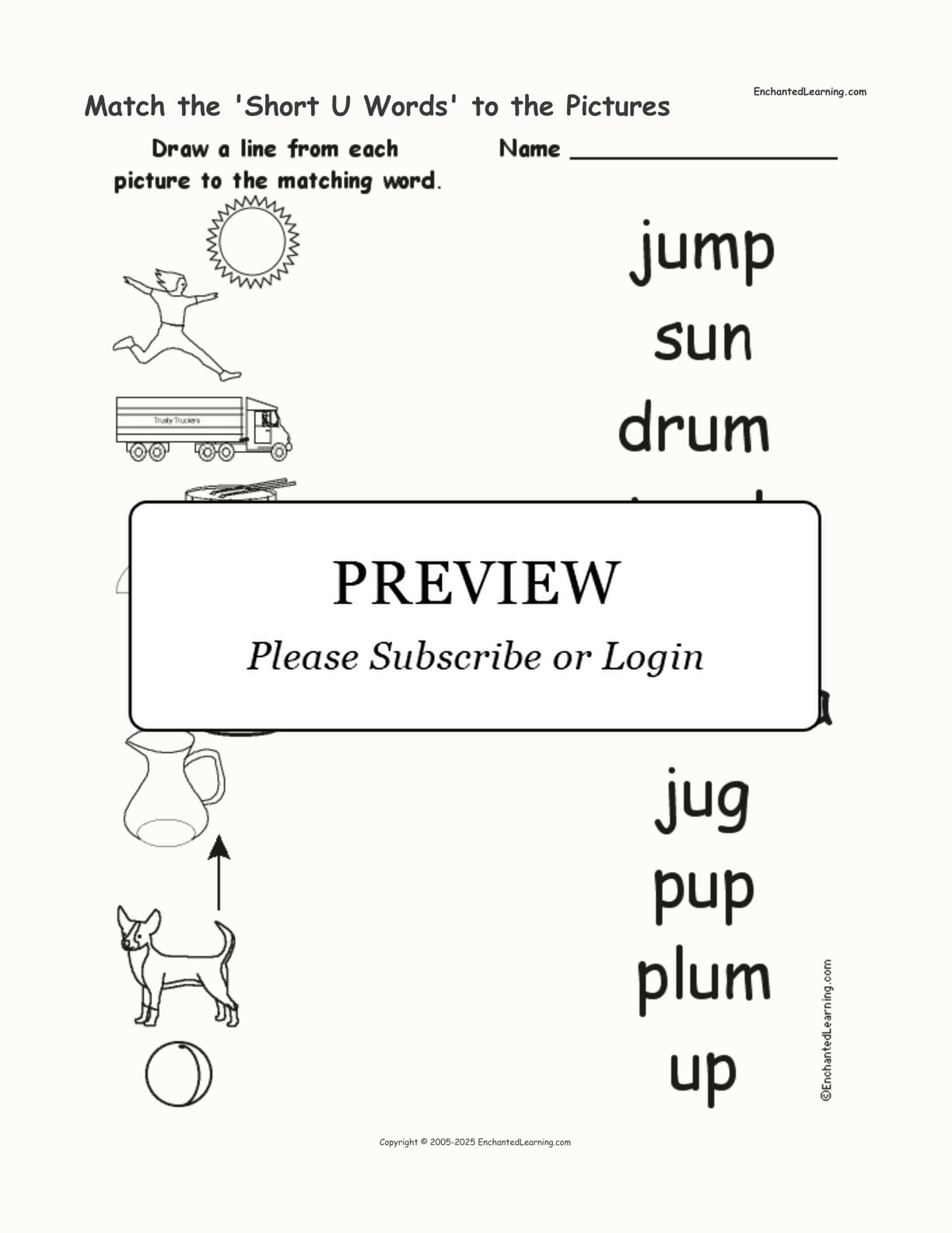 Match the 'Short U Words' to the Pictures interactive worksheet page 1