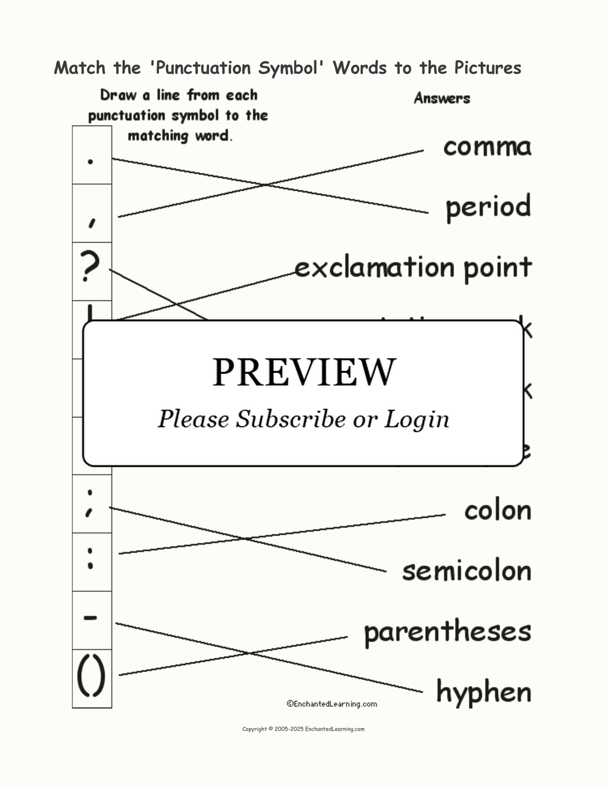 Match the 'Punctuation Symbol' Words to the Pictures - Enchanted Learning