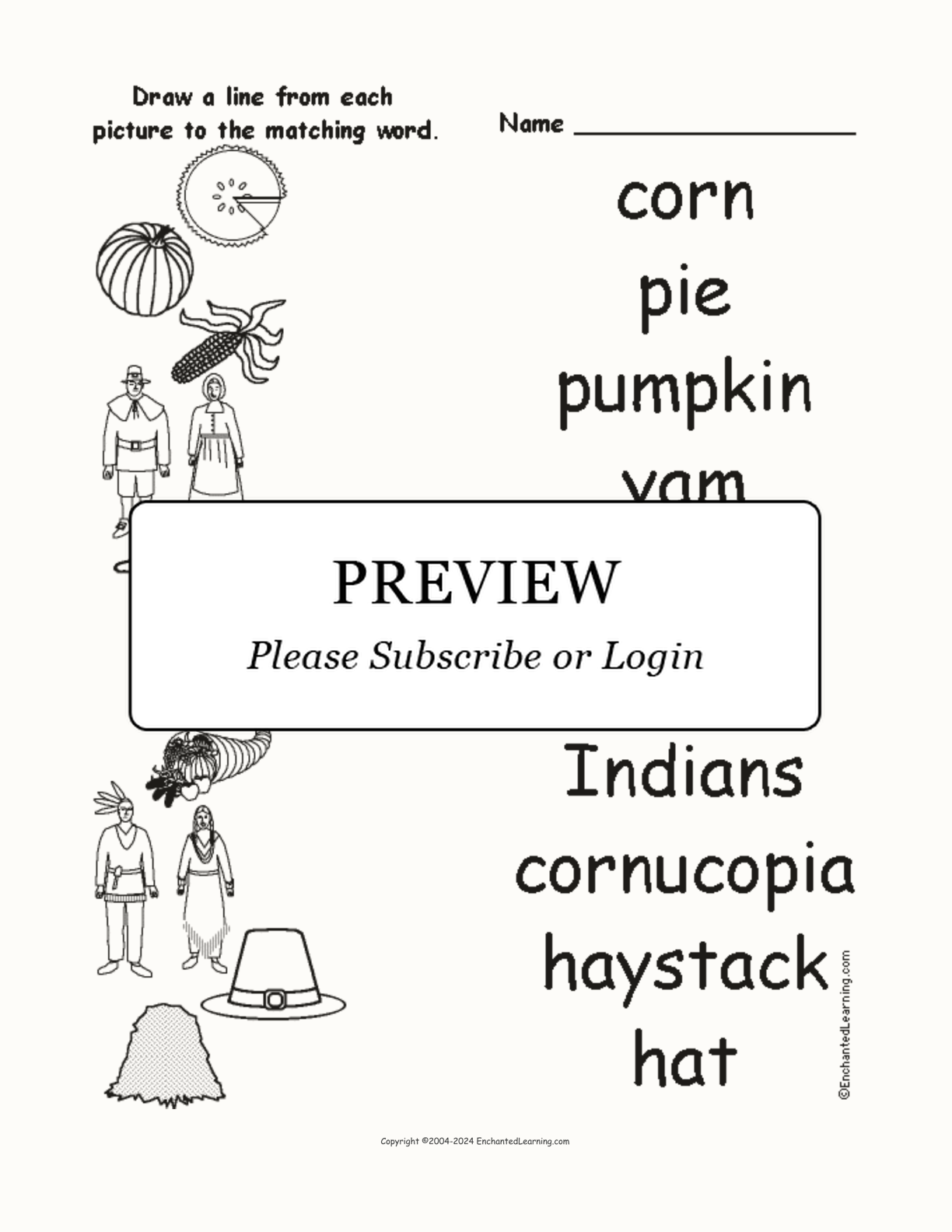 Thanksgiving Words - Match the Words to the Pictures interactive worksheet page 1
