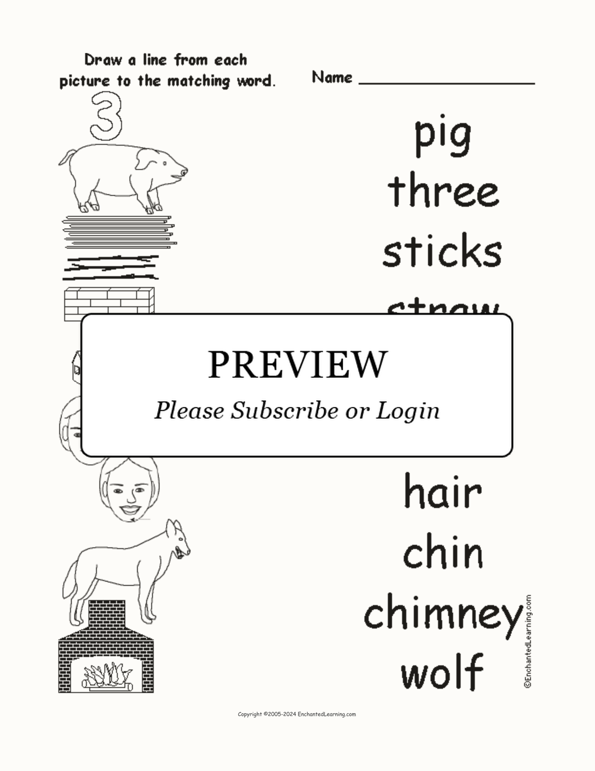 Match the 'Three Little Pigs' Words to the Pictures interactive worksheet page 1