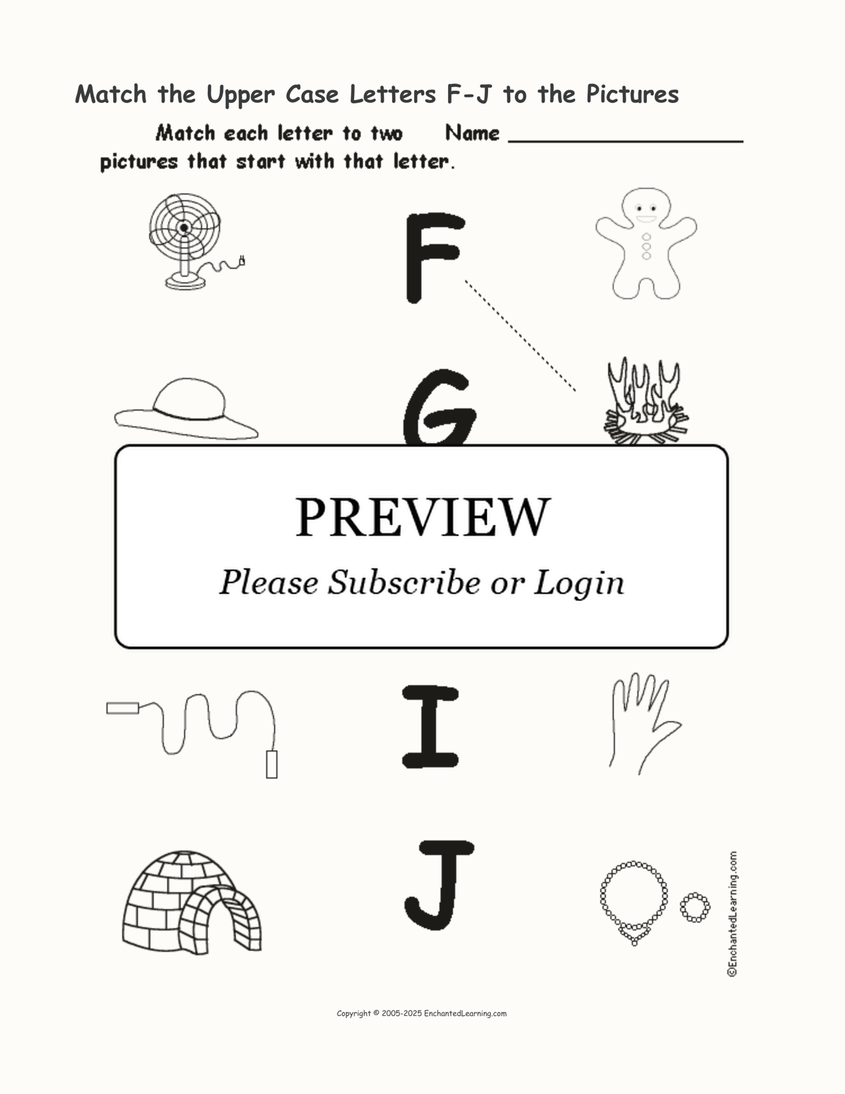 Match the Upper Case Letters F-J to the Pictures interactive worksheet page 1