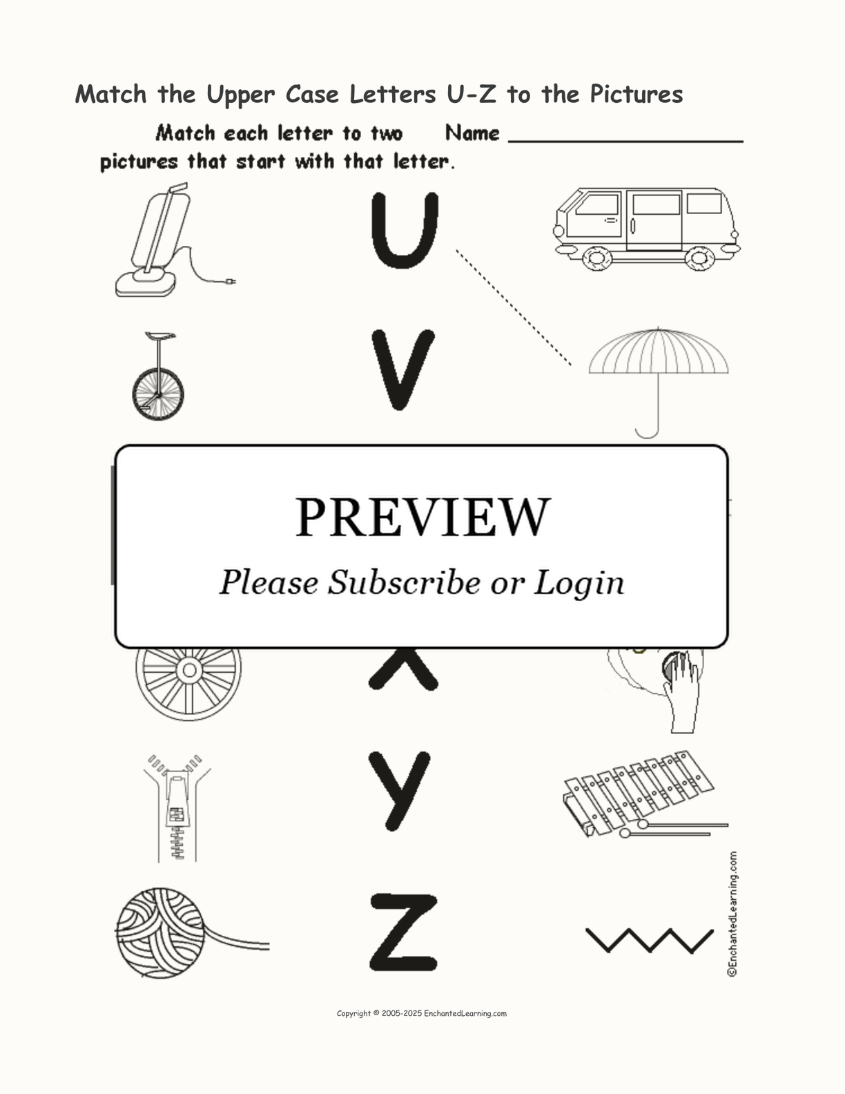 Match the Upper Case Letters U-Z to the Pictures interactive worksheet page 1