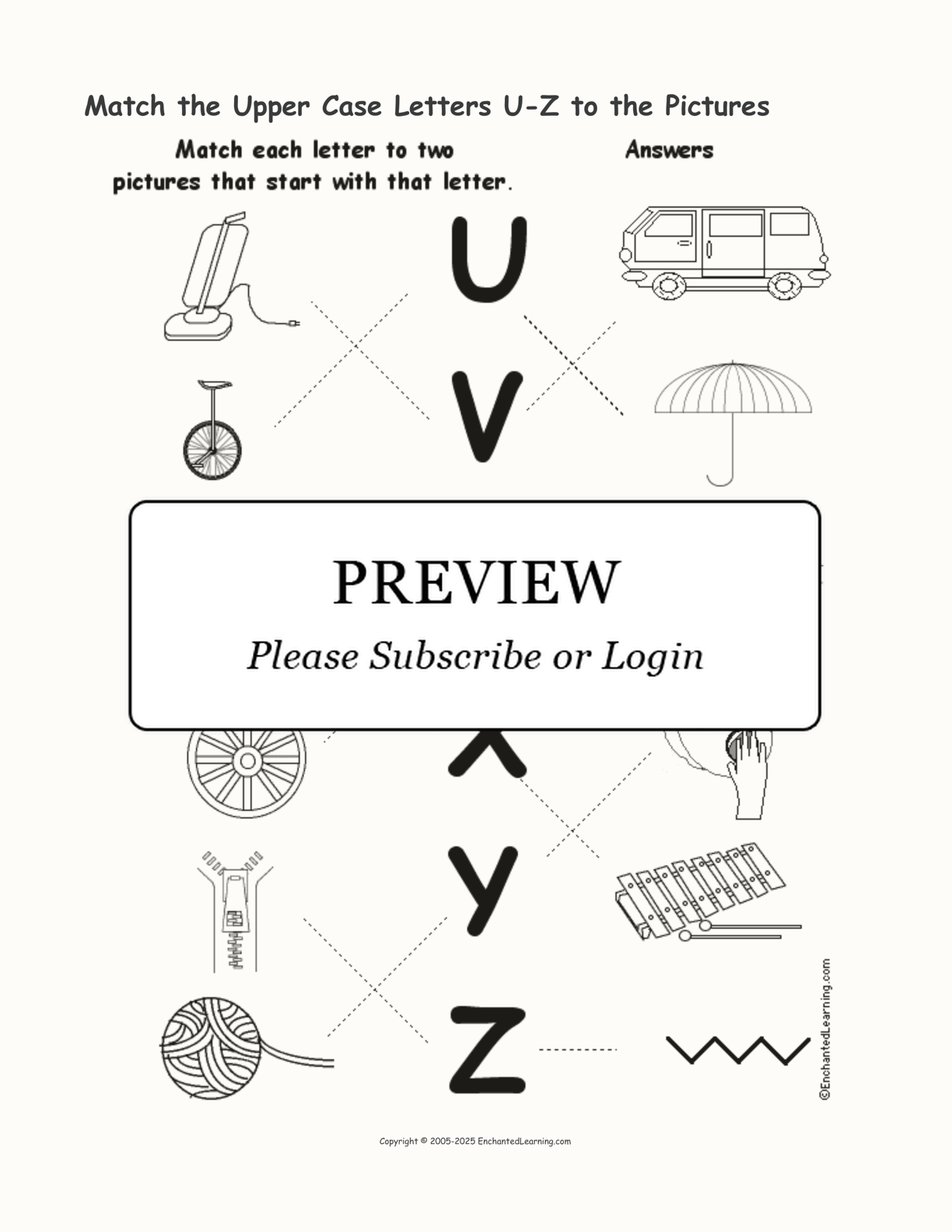 Match the Upper Case Letters U-Z to the Pictures interactive worksheet page 2