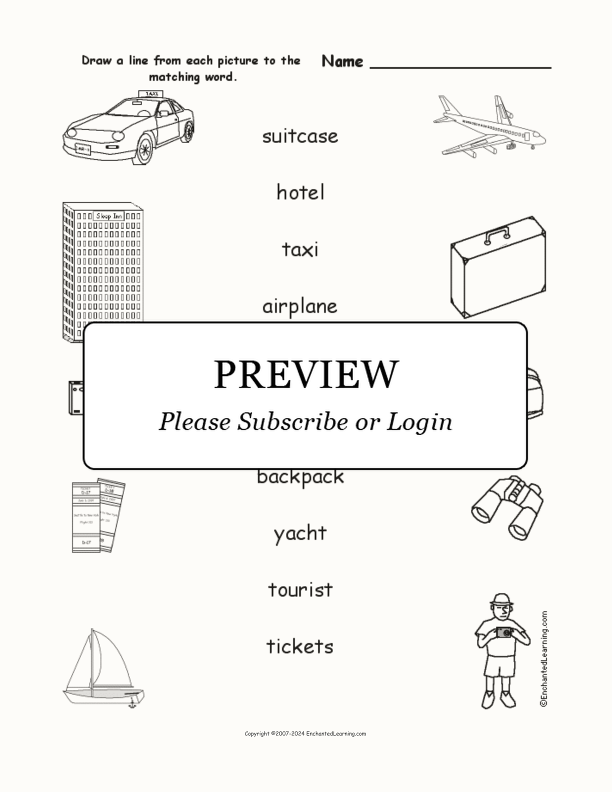 Matching Vacation Words to Pictures interactive worksheet page 1