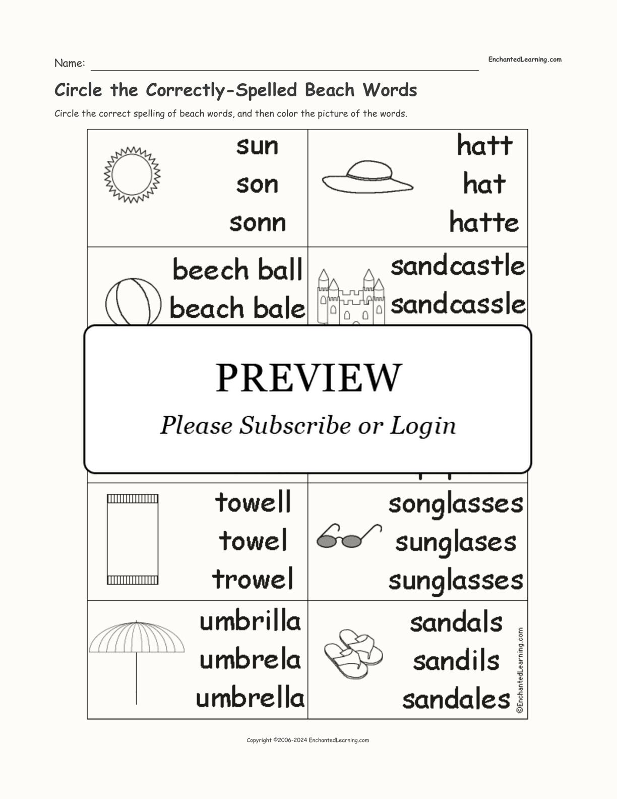 Circle the Correctly-Spelled Beach Words interactive worksheet page 1