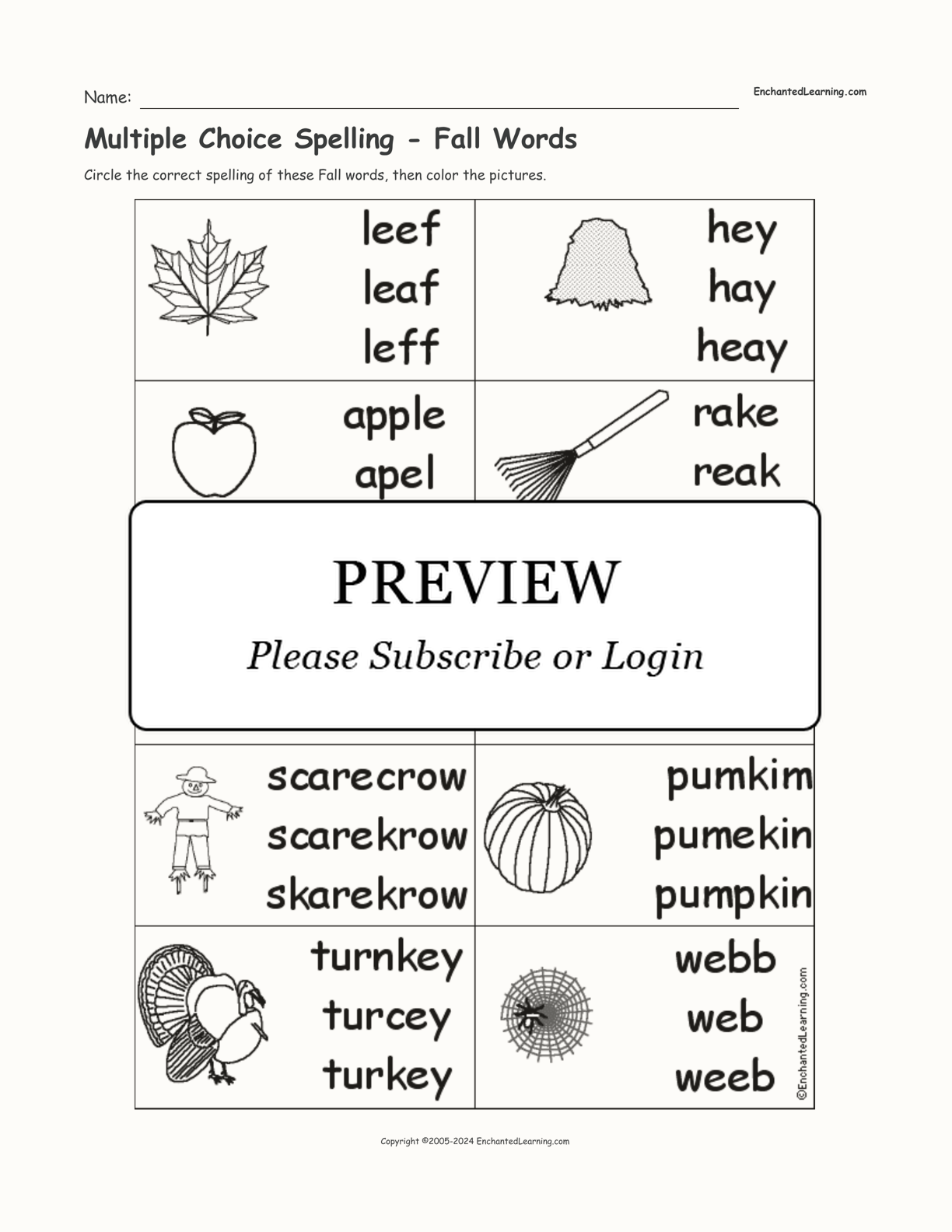 Multiple Choice Spelling Fall Words Enchanted Learning
