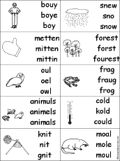 Multiple Choice Spelling - The Mitten Words: EnchantedLearning.com