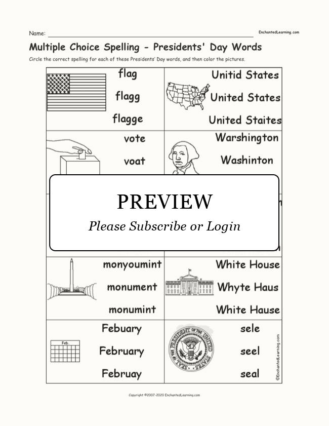 Multiple Choice Spelling - Presidents' Day Words - Enchanted Learning