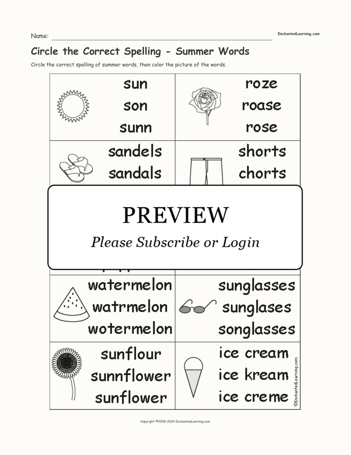 circle the correct spelling summer words enchanted learning