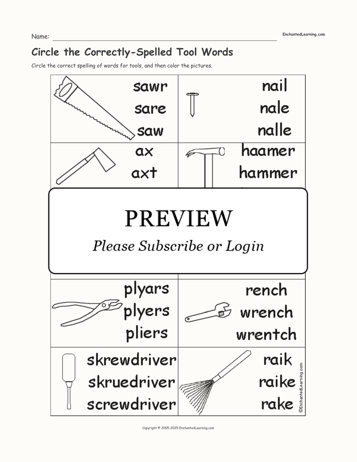 Circle the Correctly-Spelled Tool Words interactive worksheet page 1