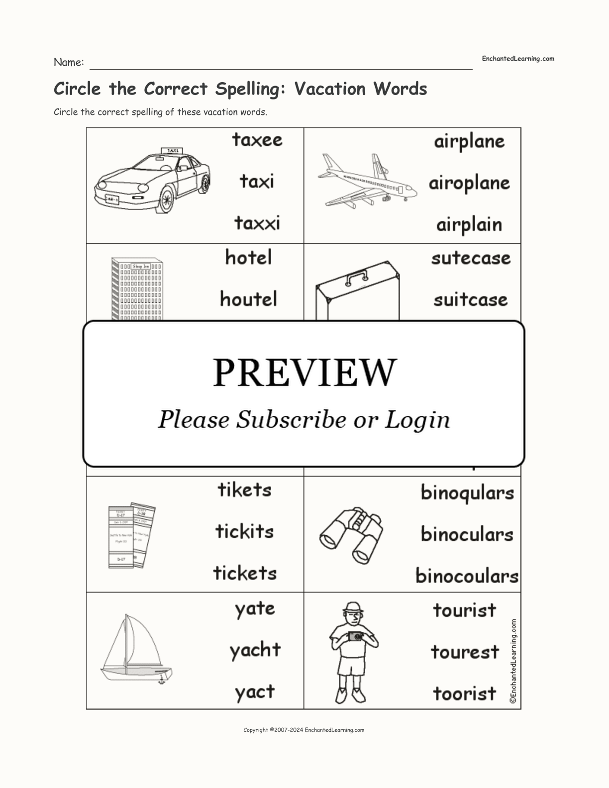 Circle the Correct Spelling: Vacation Words interactive worksheet page 1