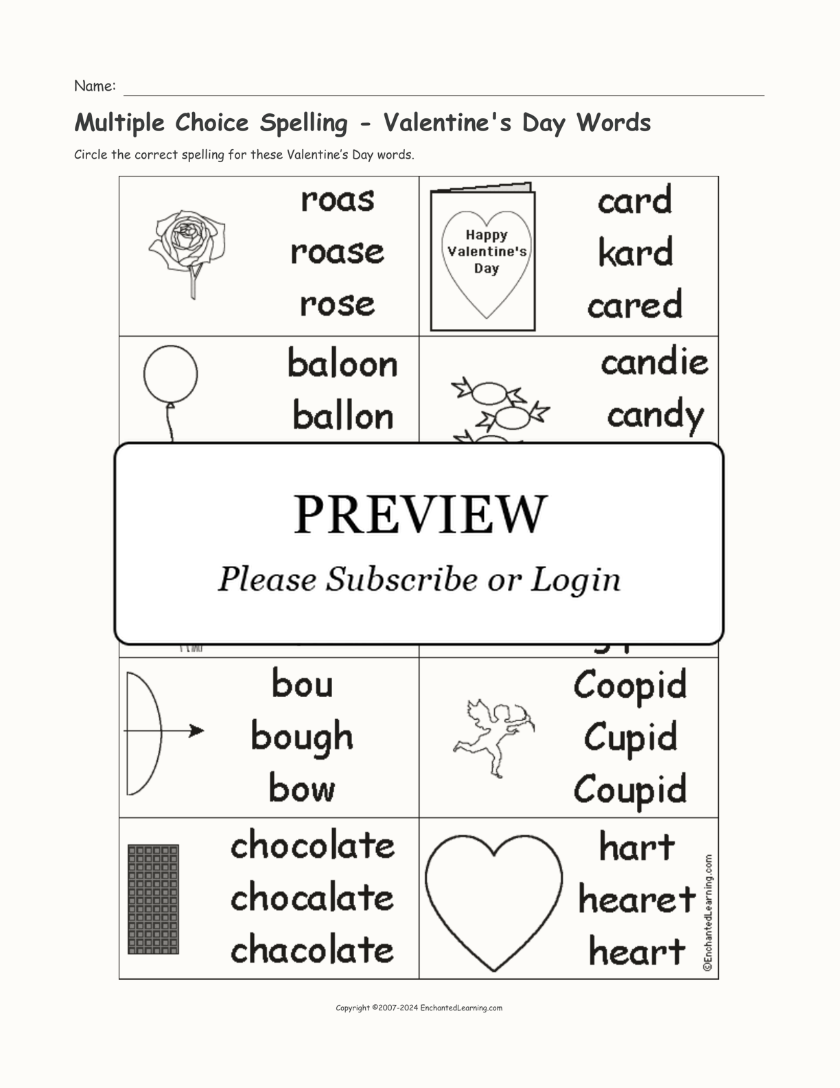 Multiple Choice Spelling - Valentine's Day Words interactive worksheet page 1