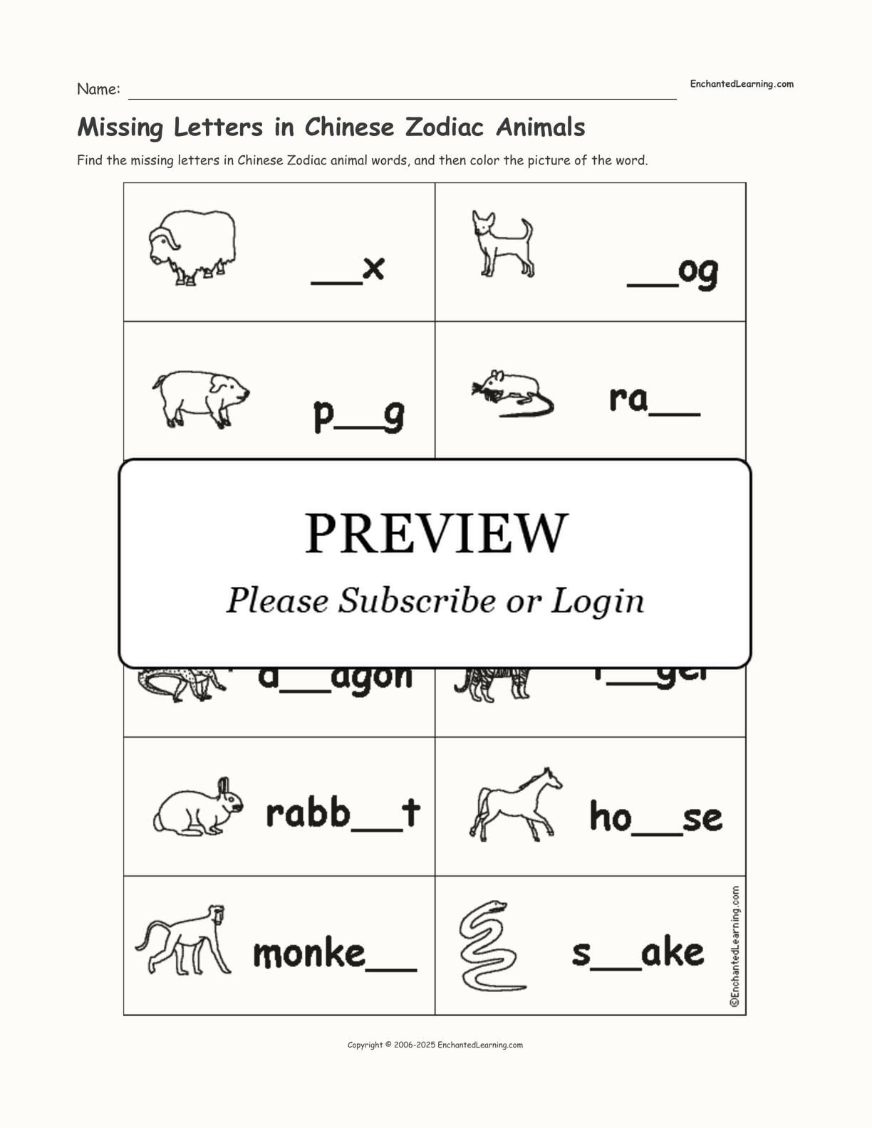 Missing Letters in Chinese Zodiac Animals interactive worksheet page 1