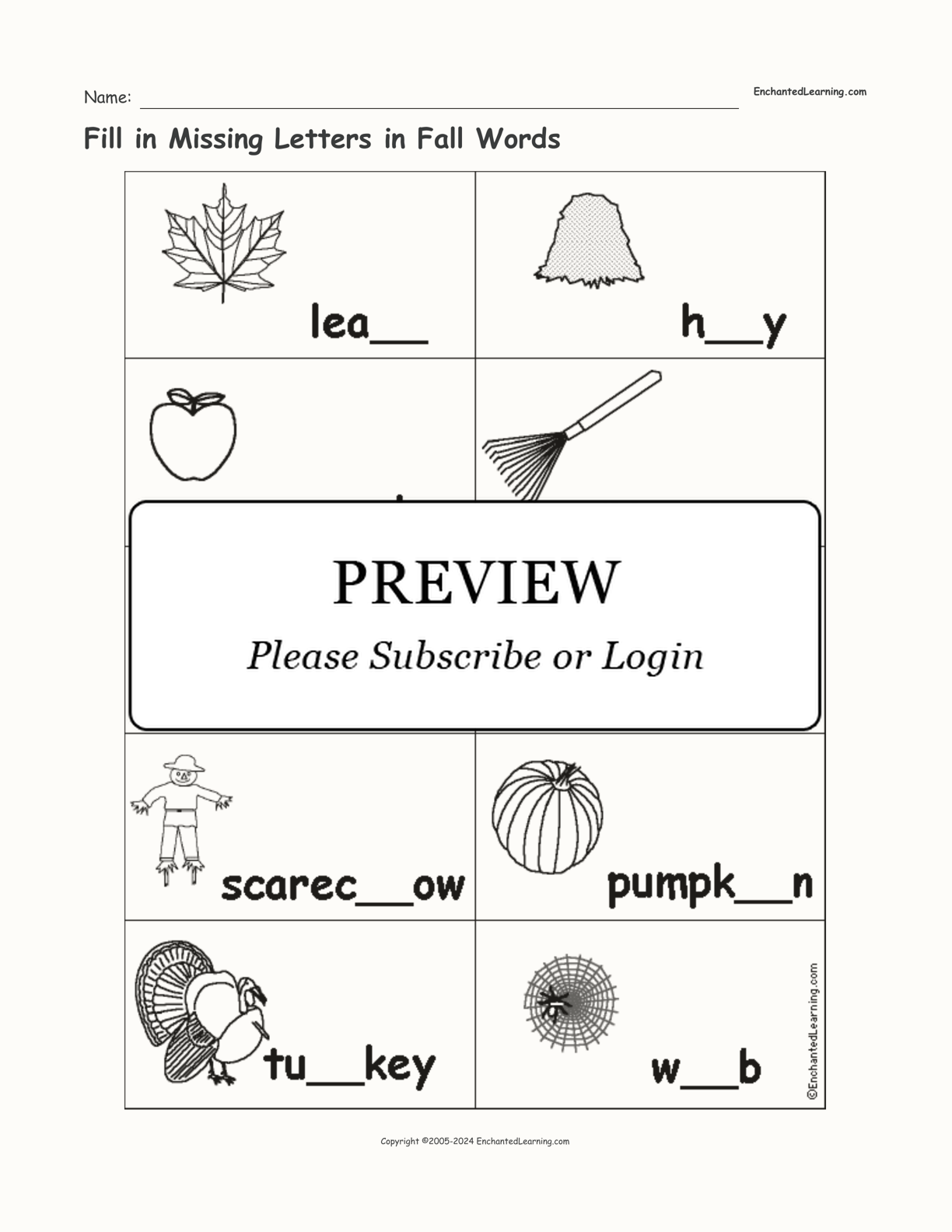 Fill in Missing Letters in Fall Words interactive worksheet page 1