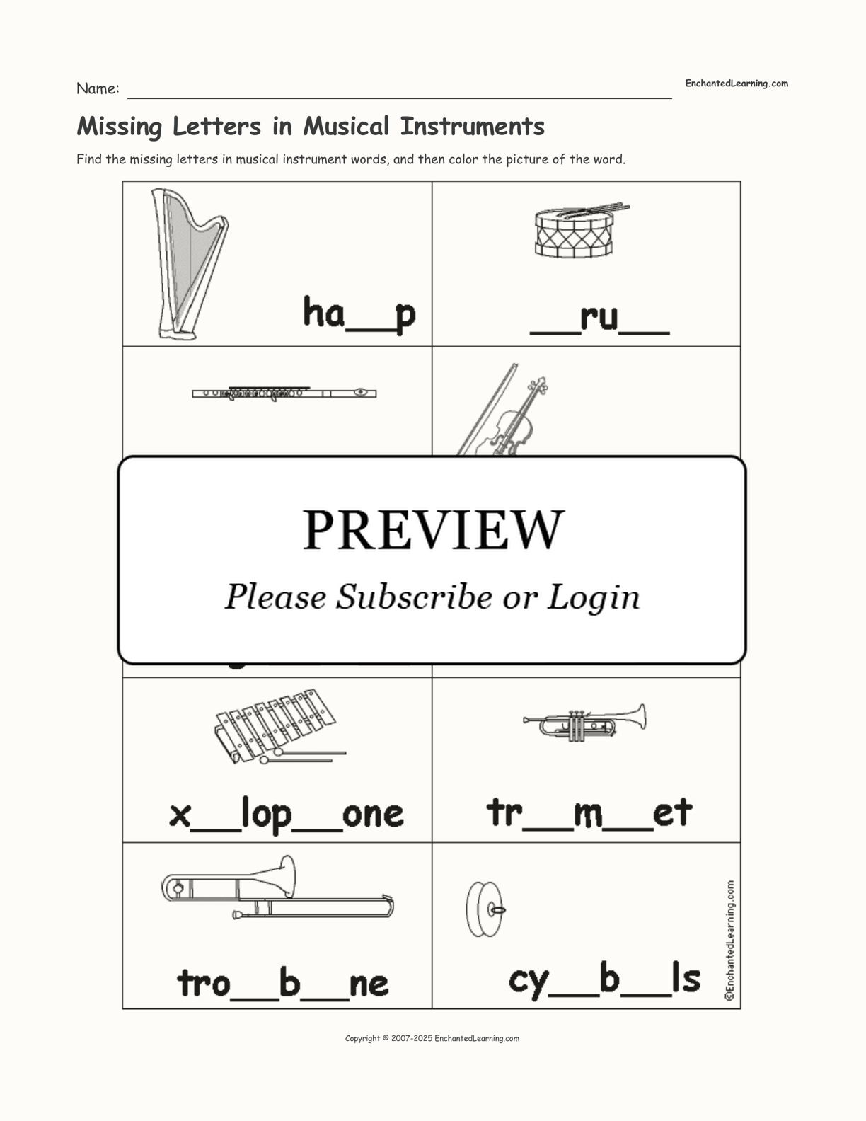 Missing Letters in Musical Instruments interactive worksheet page 1