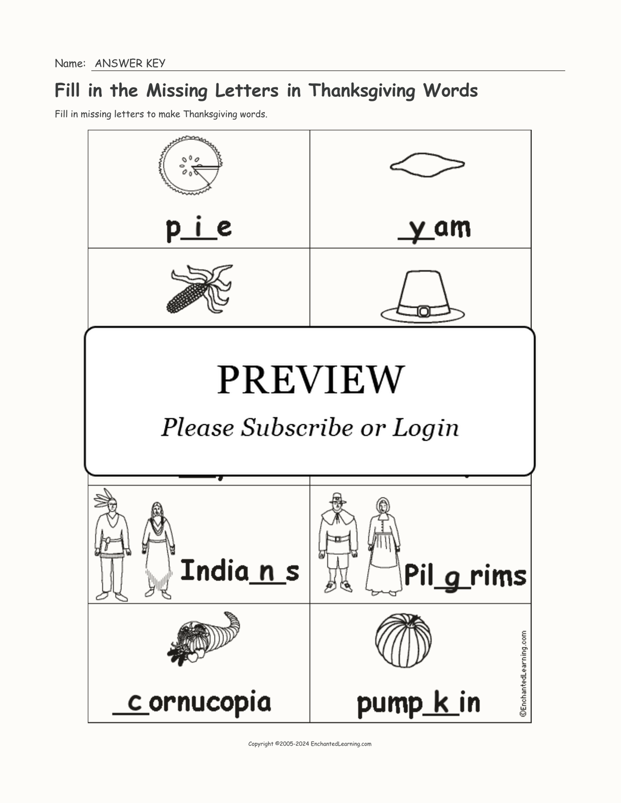 Fill in the Missing Letters in Thanksgiving Words interactive worksheet page 2