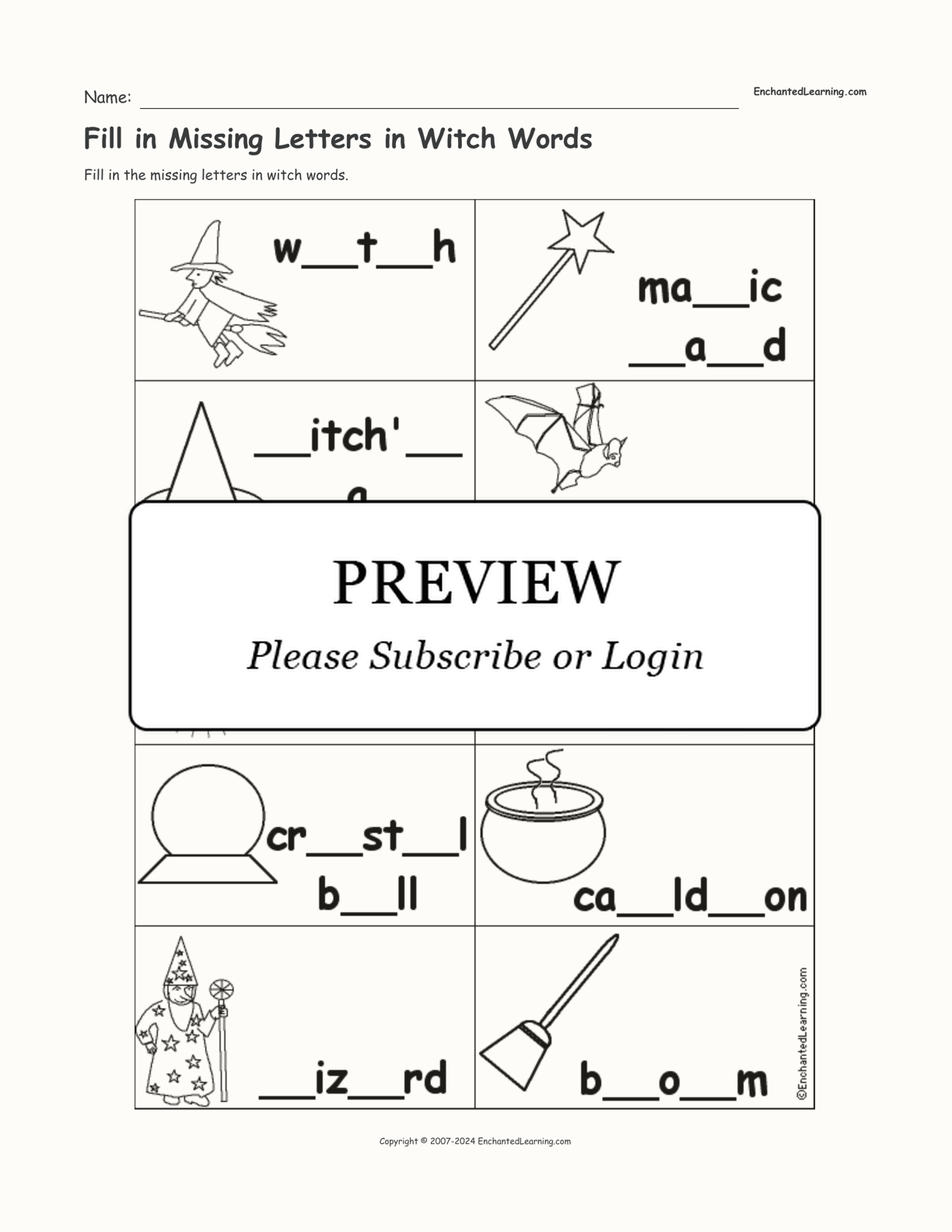 Fill in Missing Letters in Witch Words interactive worksheet page 1