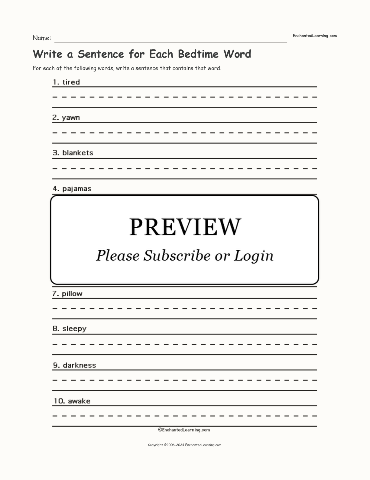 Write a Sentence for Each Bedtime Word interactive worksheet page 1