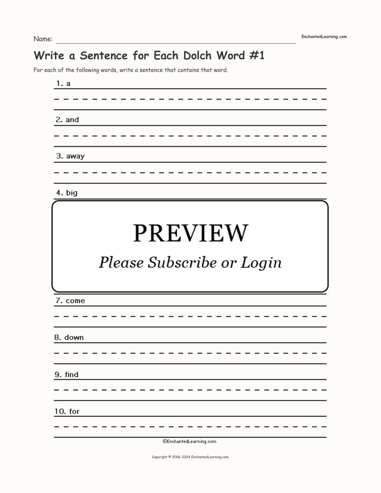 Write a Sentence for Each Dolch Word #1 interactive worksheet page 1