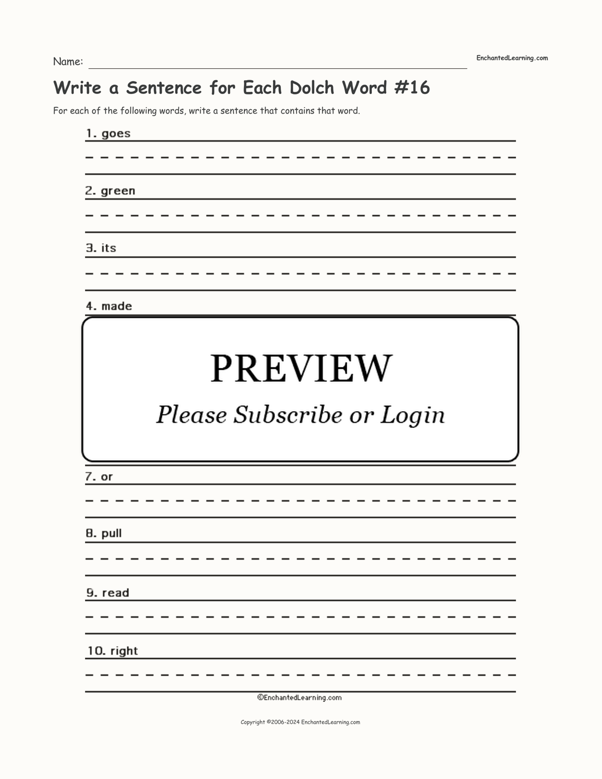 Write a Sentence for Each Dolch Word #16 interactive worksheet page 1