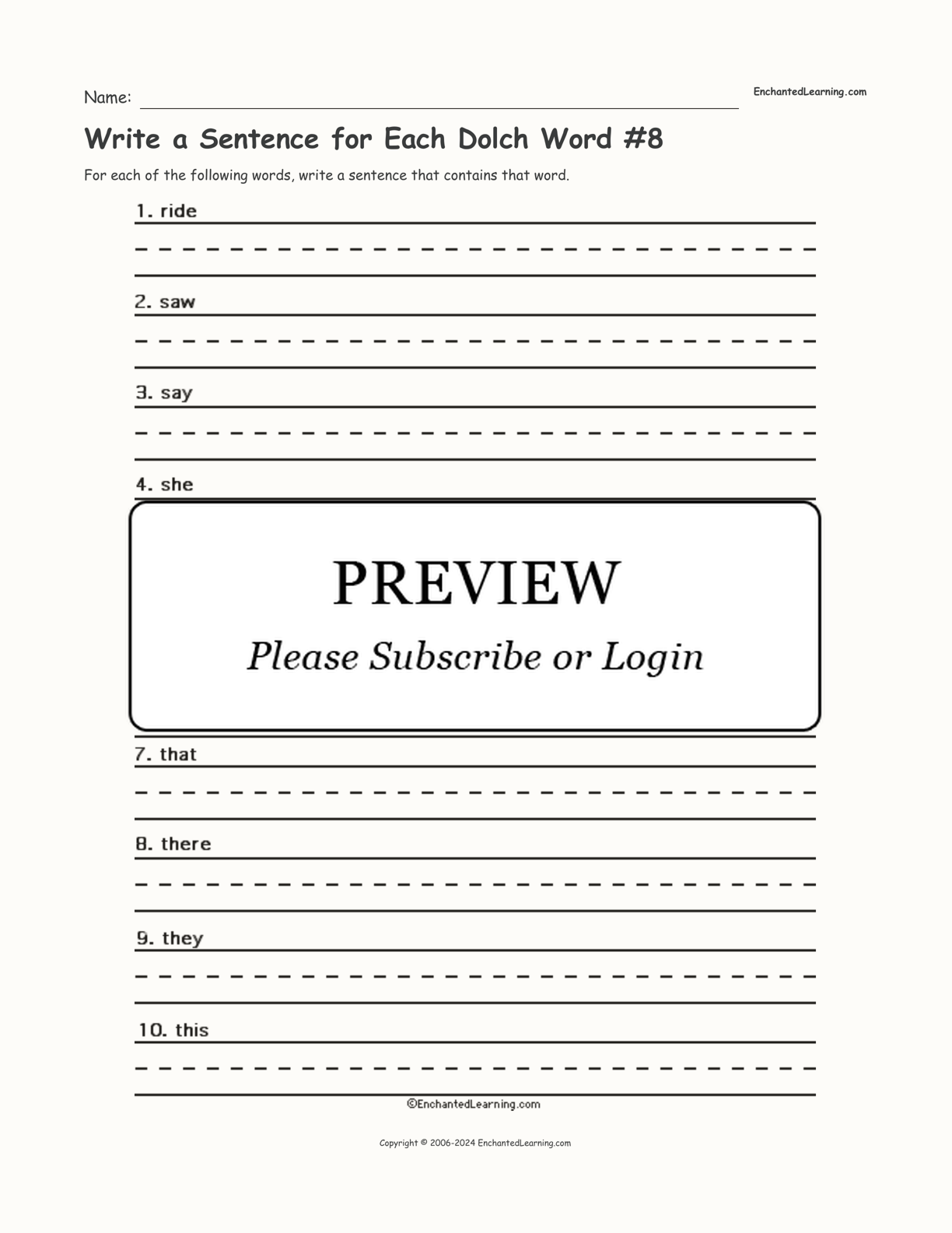 Write a Sentence for Each Dolch Word #8 interactive worksheet page 1