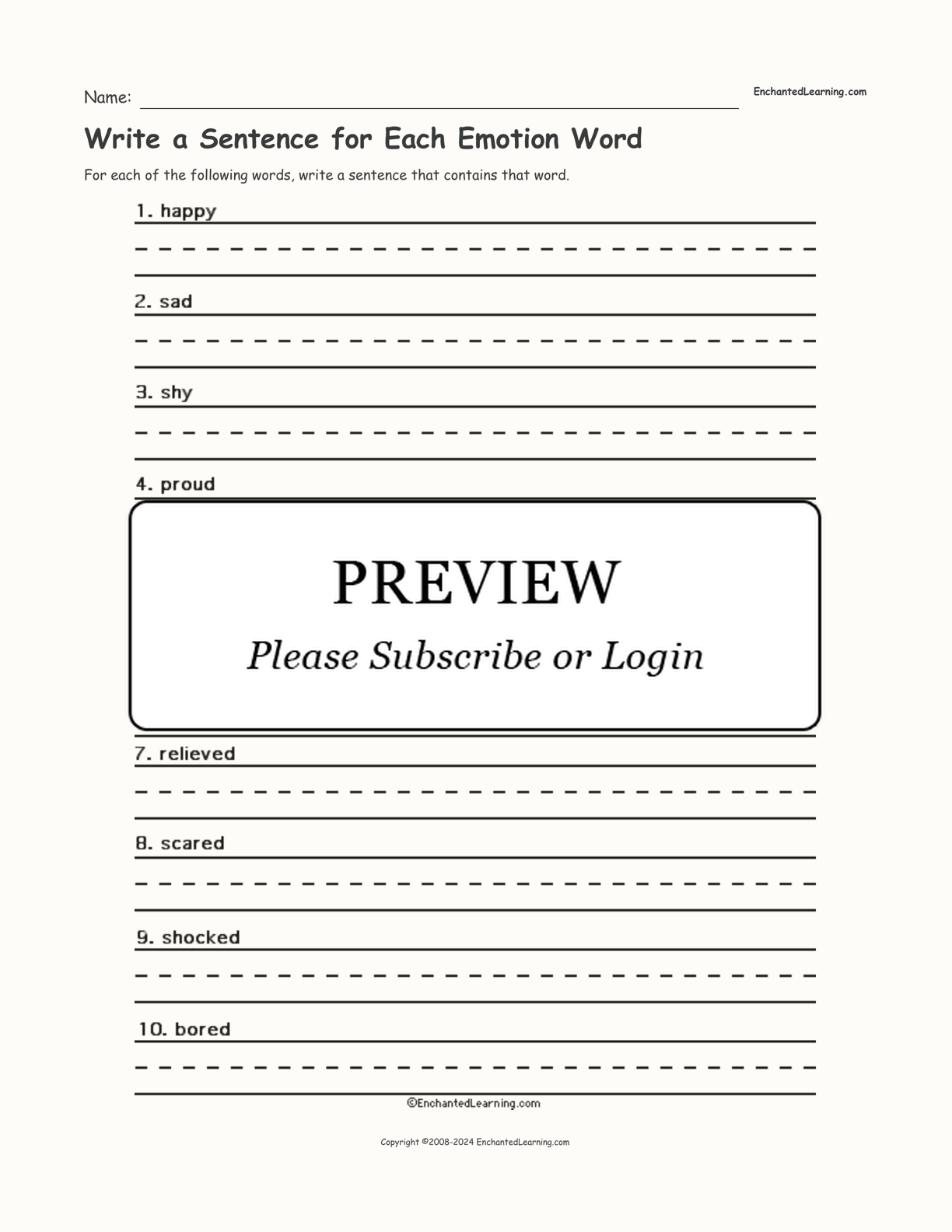 Write a Sentence for Each Emotion Word interactive worksheet page 1