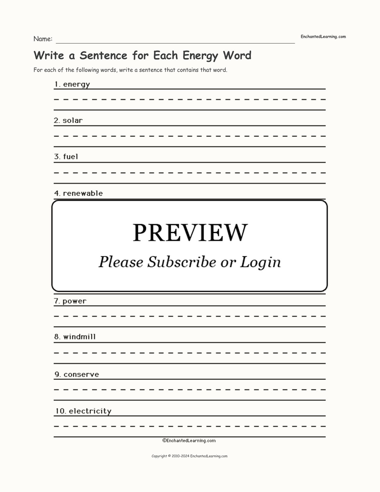 Write a Sentence for Each Energy Word interactive worksheet page 1