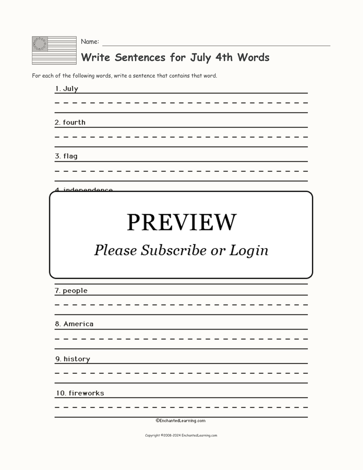 Write Sentences for July 4th Words interactive printout page 1