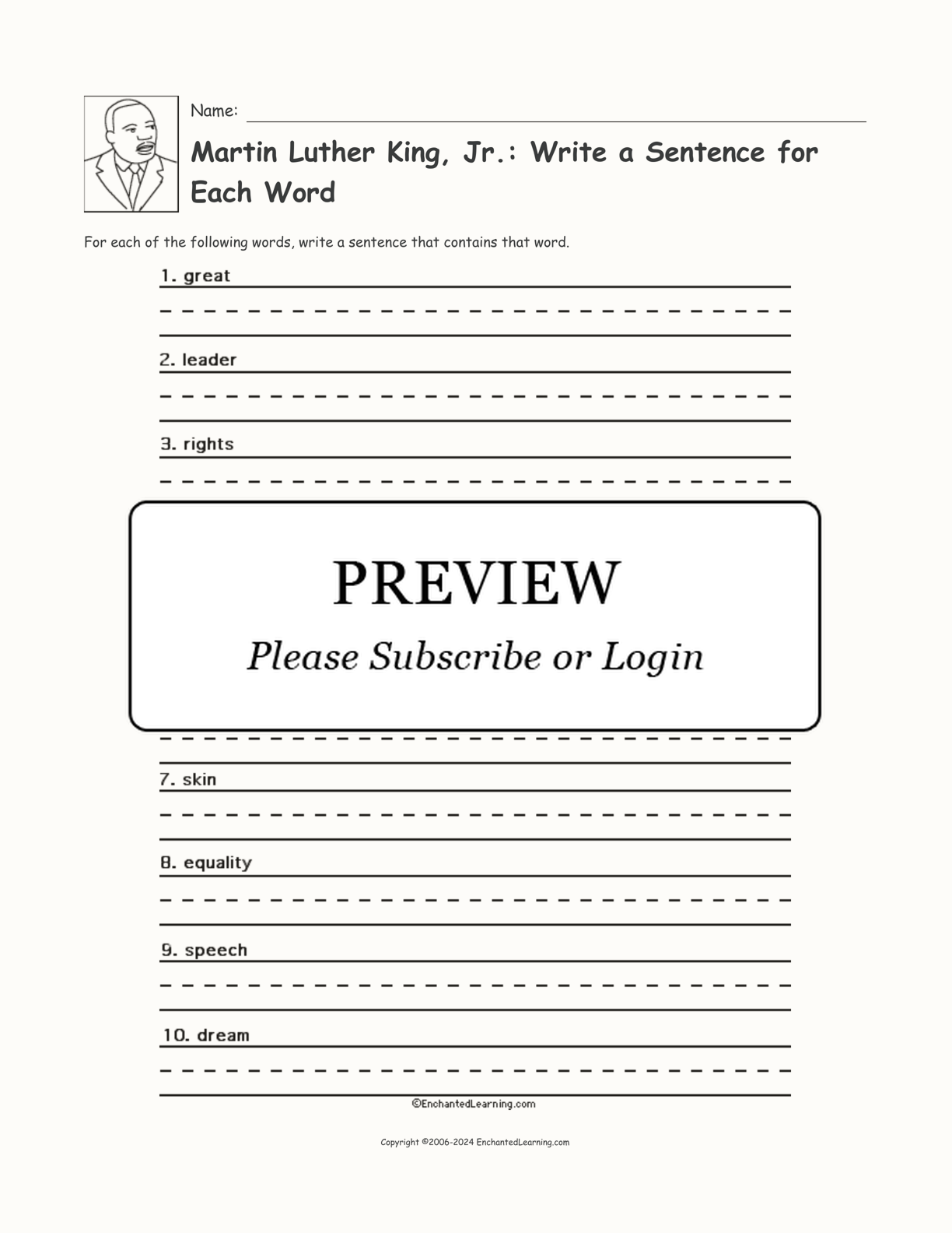 Martin Luther King, Jr.: Write a Sentence for Each Word interactive printout page 1