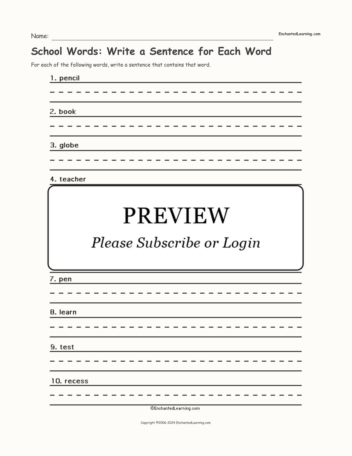 School Words: Write a Sentence for Each Word interactive worksheet page 1