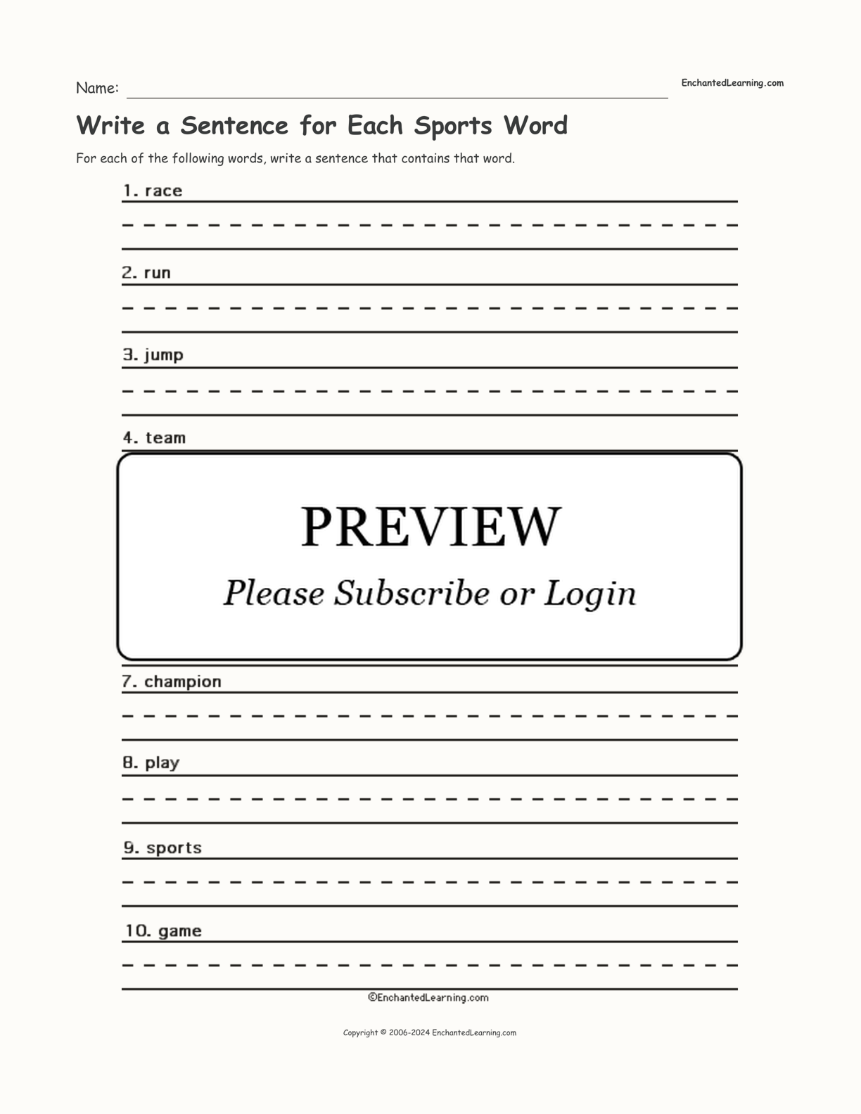 Write a Sentence for Each Sports Word interactive worksheet page 1